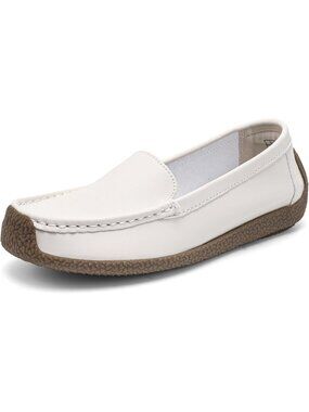 Women's Beige Comfortable & Lightweight Leather Loafers Slip-On Cute Flats Shoes